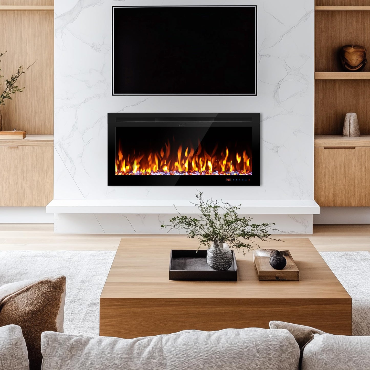 Kentsky 48" Electric Fireplace, Wall Mounted & Insert Electric Fireplace, W/Mixed Color Flame, Adjustable Brightness & Speed, 0-8H Timer, Thermostat, 750w/1500w, Balck