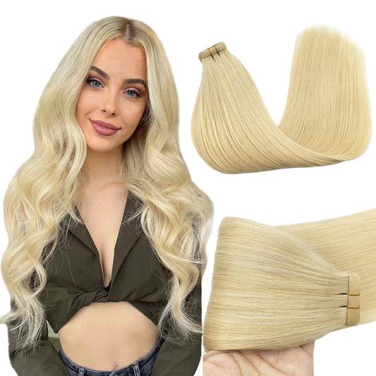 GOO GOO Tape in Hair Extensions Human Hair, 613R Bleach Blonde, 10inch 30g 20pcs, Thick Ends Straight Seamless Tape in, Invisible Tape in Hair Extensions Human Hair