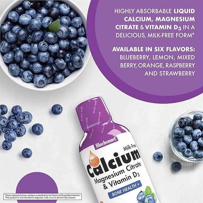 Bluebonnet Nutrition Liquid Calcium Citrate Magnesium Citrate, Vitamin D3, Bone Health, Gluten Free, Soy free, milk free, kosher,32 Servings, Blueberry Flavor, 16 Fl Oz (Pack of 1)