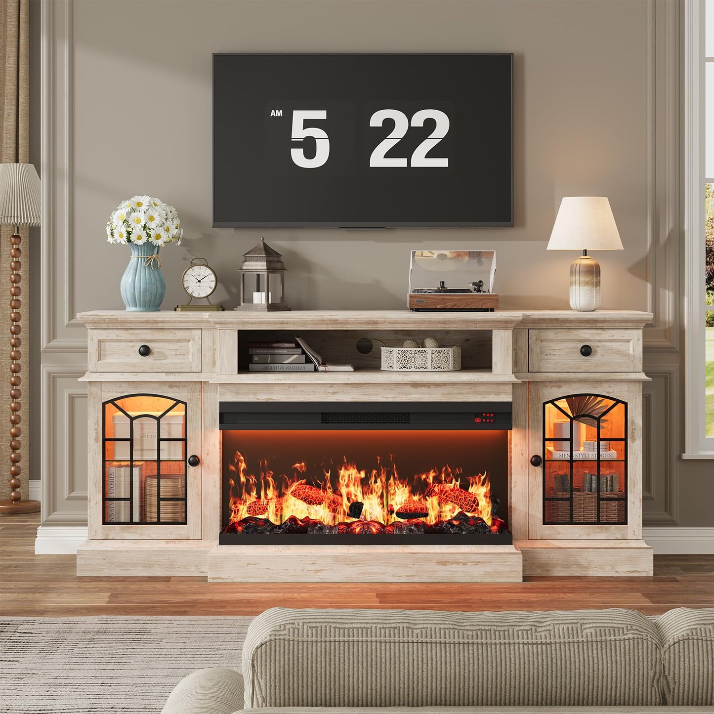 QUW 70" Farmhouse Fireplace TV Stand for TVs up to 80", Entertainment Center with 36" 3-Side Glass Electric Fireplace with Open Shelf and Cabinet, TV Console for Living Room, Antique Brush Grey