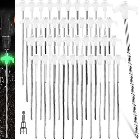 Hicarer 12 Inch Tent Stakes Screw in Camping Stakes Heavy Duty Metal Stake Ground Anchor Peg Threaded Tent Spikes with Hex Head Driver for Camping Garden Inflatable
