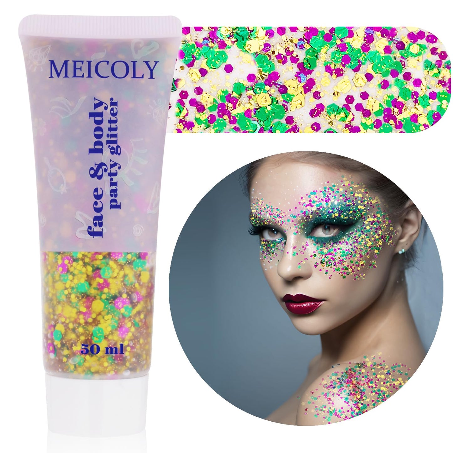 MEICOLY Mardi Gras Face Glitter,Mardi Gras Outfit for Women Kids,Mardi Gras Accessories for Carnival,Gold Green Purple Mixed Chunky Glitter,Rave Festival St Patricks Day Glitter for Face/Body/Hair