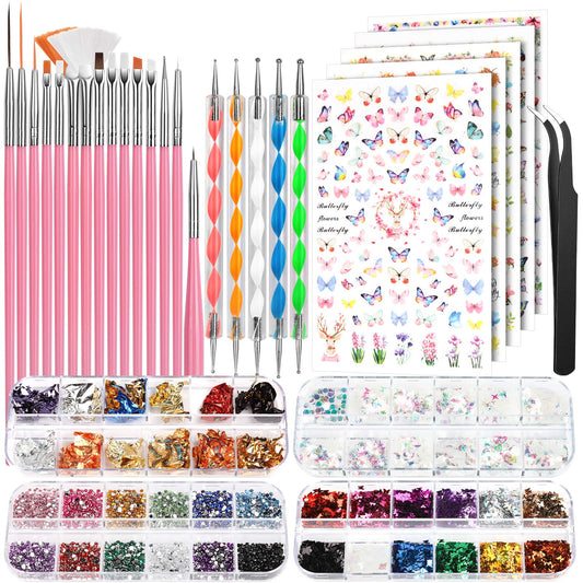 FANDAMEI Nail Art Brushes Set, Nail Art Kit, Nail Design Kit, Nail Art Dotting Pens, Nail Stickers, Butterfly Nail Art Sequins, Nail Foils, Nail Art Flakes Iridescent, Rhinestones For Nails