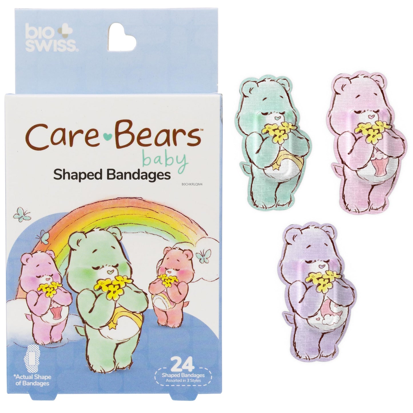 BioSwiss Care Bears Bandages, Baby Care Bear Shaped Self Adhesive Bandage, Latex Free Sterile Wound Care, Fun First Aid Kit Supplies for Kids, 24 Count