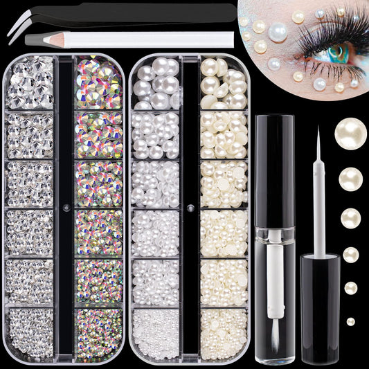 Flat Back Rhinestones&Pearls Kits Round Glass Crystal Transparent White Gems+White Pearls With Quick Dry Makeup Glue+Picker Penc