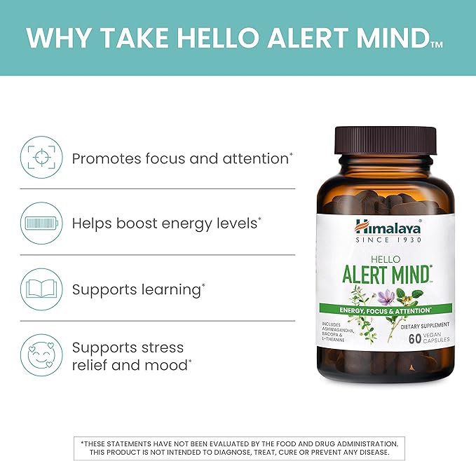 Himalaya Hello Alert Mind with L-Theanine, Ashwagandha, Bacopa, Vitamin B6 & B12, for Energy, Focus & Attention, Vegan, Gluten Free, 60 Capsules