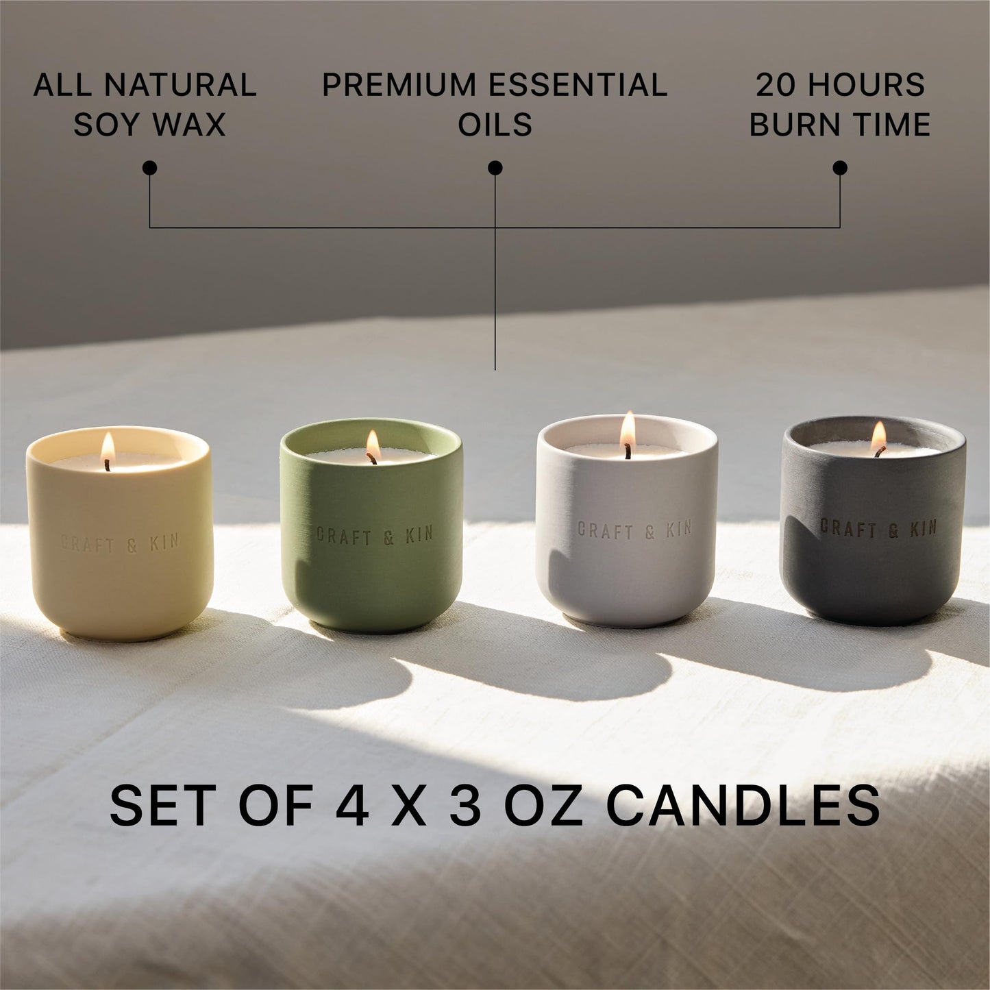 Craft & Kin Scented Candles Discovery Set | 4 Pack of 3oz Candles | 20-Hour Burn Time, Soy Blend Wax, Cotton Wick, Ceramic Jars