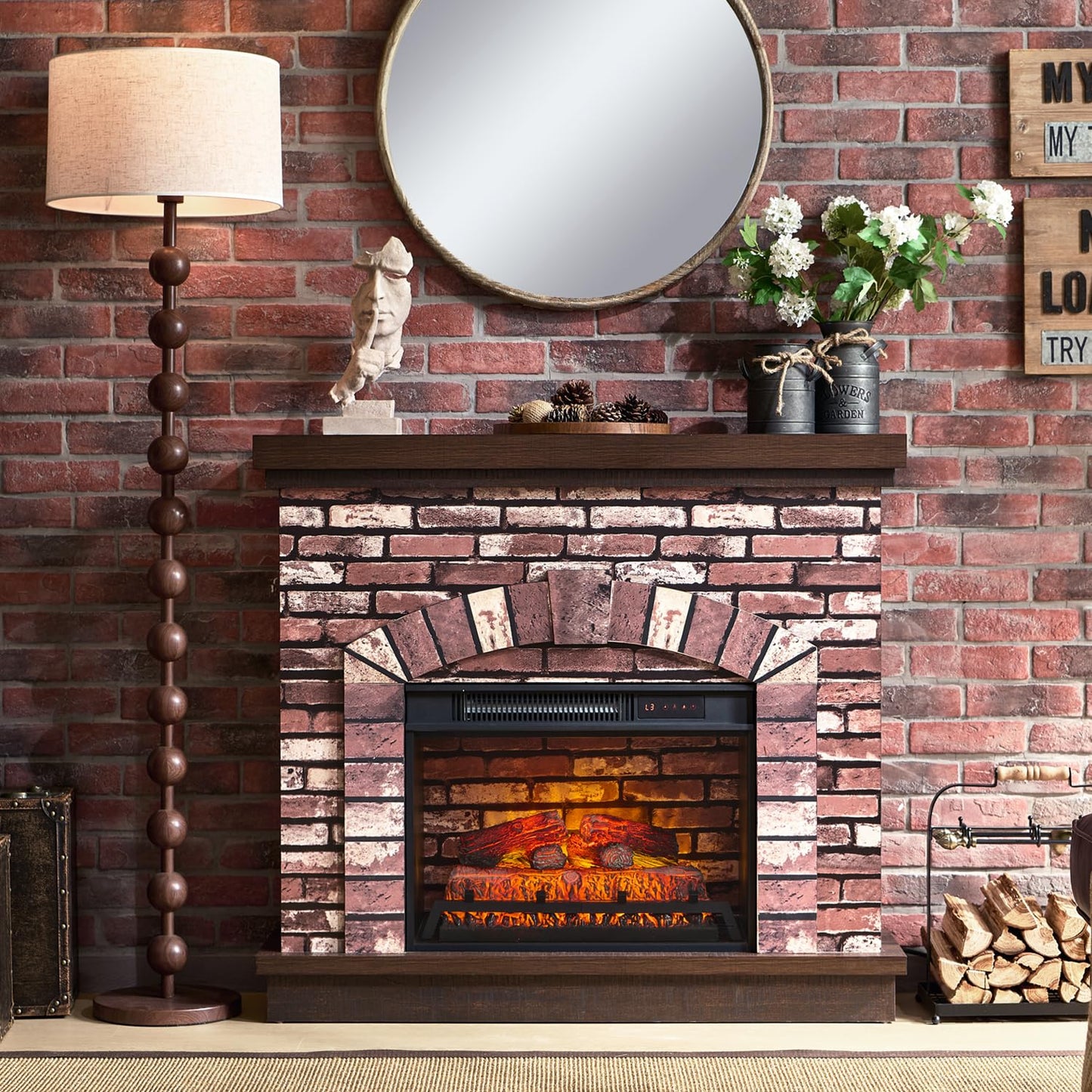 IFGET 42" Electric Fireplace with Mantel, Farmhouse Fireplace TV Stand w/23'' Freestanding Electric Fireplace Heater, Remote Control, Adjustable 3D Realistic Flame Level for Living Room, Light Brown