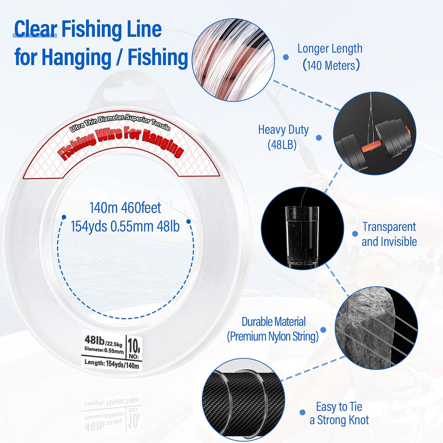 Clear Fishing Wire, Acejoz 656FT Fishing Line Clear Invisible Hanging Wire Strong Nylon String Supports 40 Pounds for Balloon Garland Hanging Decorations. (0.55mm, 460ft, 48LB)…