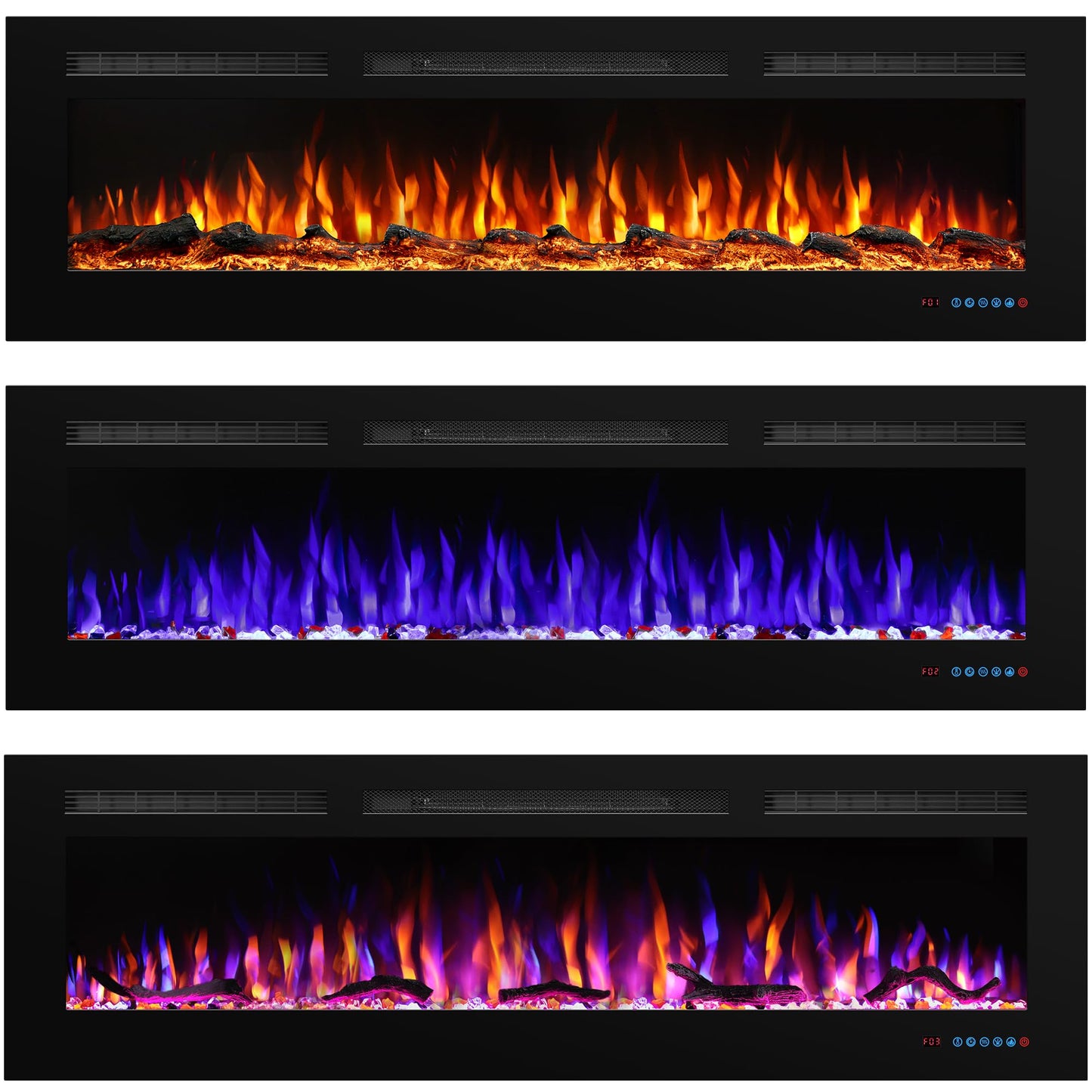 Valuxhome 36" Electric Fireplace, WiFi App Control, Wall-Mount & Recessed, 3 Flame Colors, 5 Brightness, Overheating Protection, Touch Screen, 750/1500W,Timer,Hard-Wire