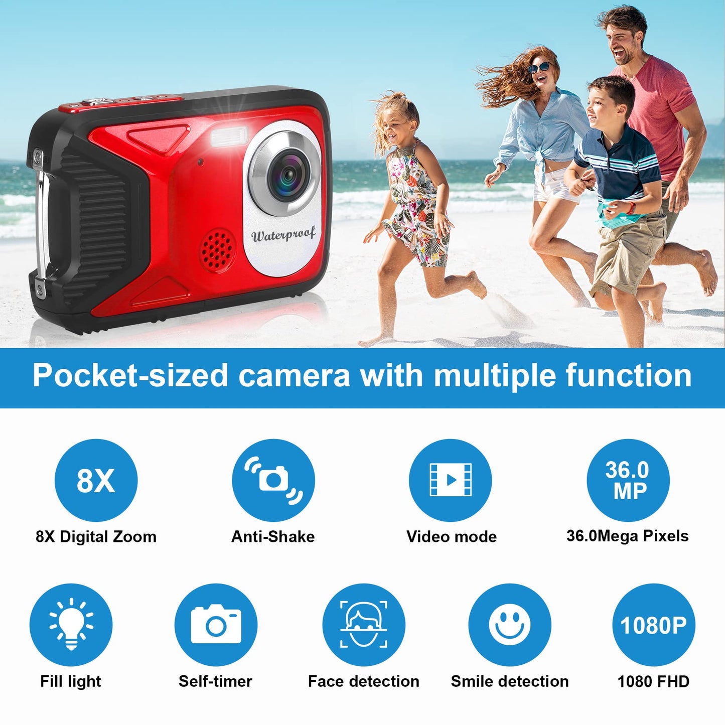 Waterproof Digital Camera with 32GB Card HD 1080P 36MP Underwater Digital Camera for Kids Teens Students Boys Girls(Red)