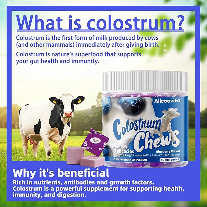 Bovine Colostrum Chews Supplement with probiotics for Gut Health, Bloating, Immune Support, Skin, Hair Growth and Beauty - Blueberry Flavor (60 Servings)