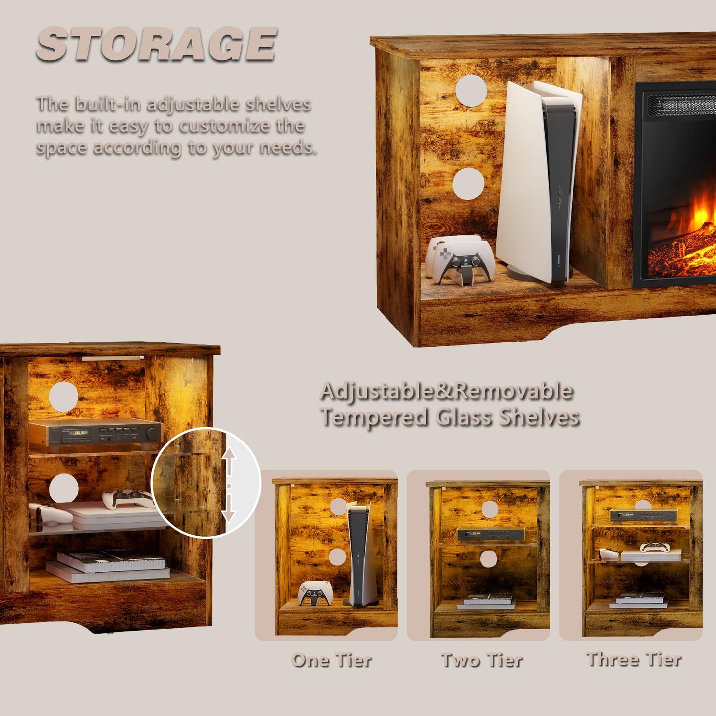 LEMBERI 58 Inches Fireplace TV Stand for TVs up to 65 Inches Console with 18'' Electric Fireplace & Remote, Wooden Modern Entertainment Center for Living Room with LED Light Glass Shelves (Brown)