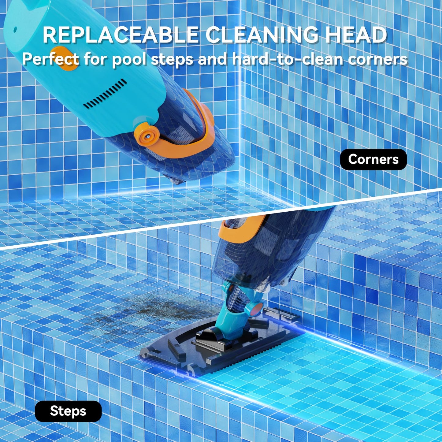 LVKE L2 Cordless Handheld Pool Vacuum for Above Ground Pool with Telescopic Pole, Strong Suction Power, 1H Runtime, High-Efficiency Screen & Fine Sponge, Ideal for Deep Pool Cleaning, Blue