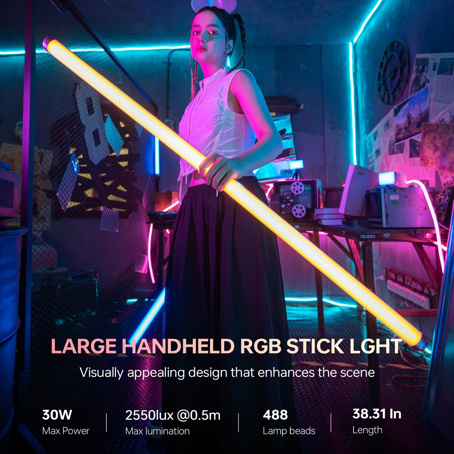 VILTROX K90 2 Pack RGB Tube Light, 30W 38inch Large RGBWY Photography LED Video Stick Light Wand with APP/2.4G/Remote Control, CRI 97+, 26 Scenes, 2500K-8500K, 14.8V/3300mAh Battery, Magnetic Chip