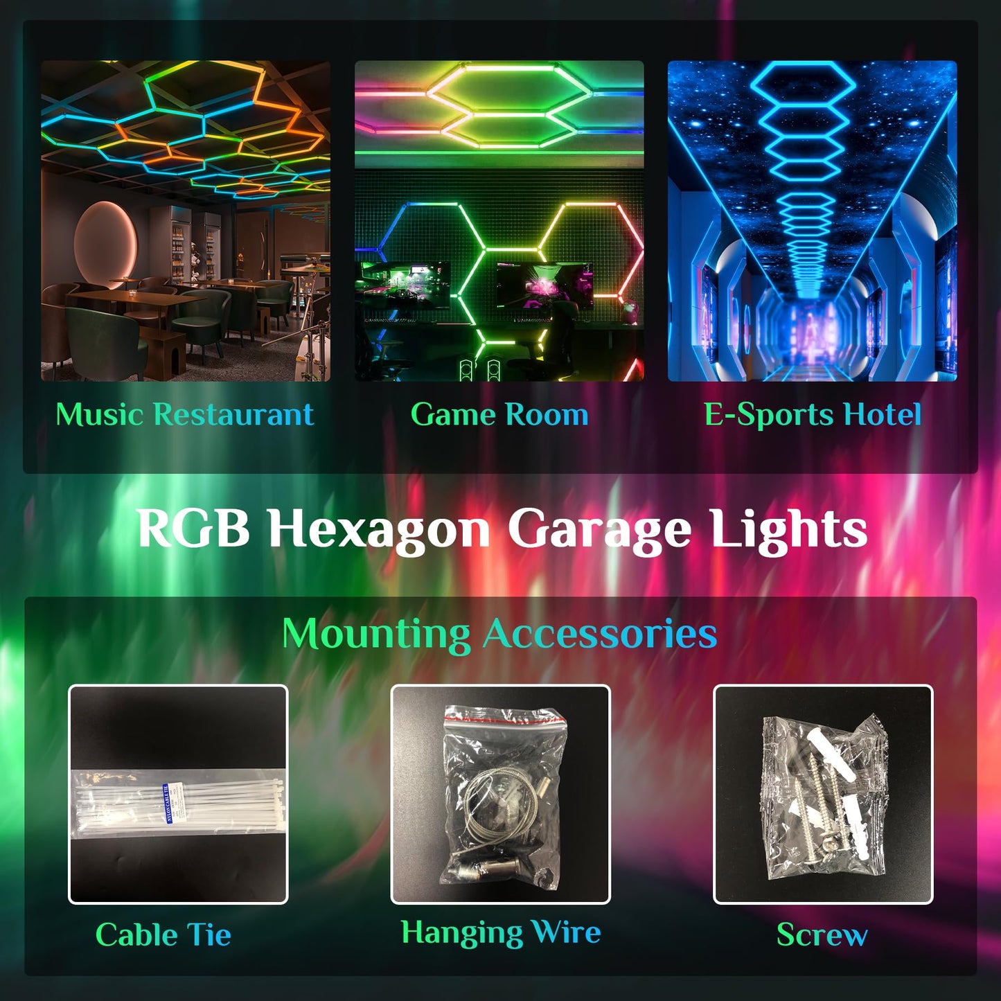 RGB Hexagon Lights - 4 Music Modes Hexagon LED Lights Dimmable, 358 Color Modes, Remote Control, IP54 Waterproof, DIY for Gaming Room, Gym, Party, Bar