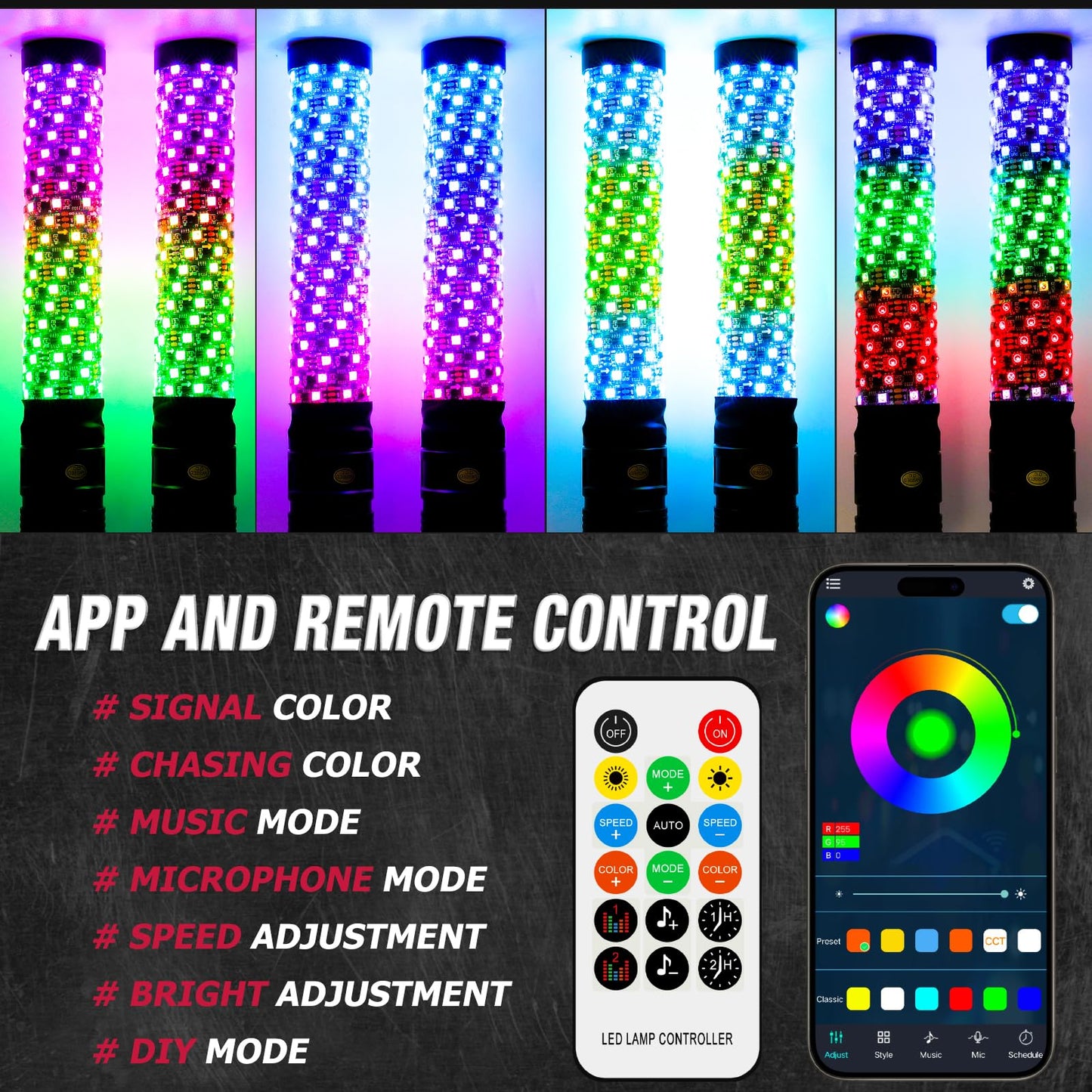 DEERMOTO 2PCS 1FT Fat Whip Light Spiral RGB LED Whip Lights with APP&Remote Control,Chasing Lighted Antenna Whips for UTV ATV Can-Am X3 RZR Can-Am Polaris Buggy Jeep Offroad Truck (1ft)