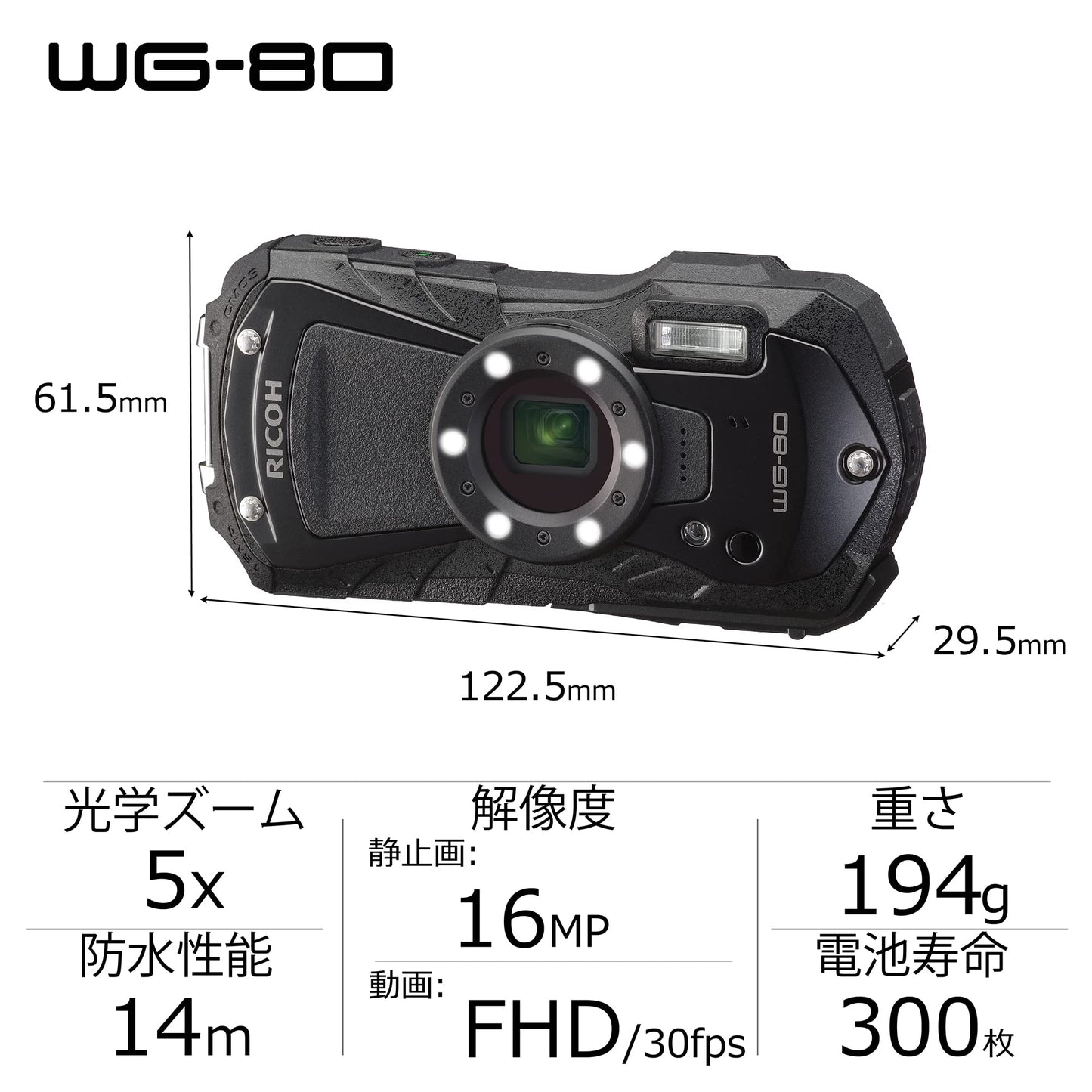 Ricoh WG-80 Black Waterproof Digital Camera Shockproof Freezeproof Crushproof (International Version)