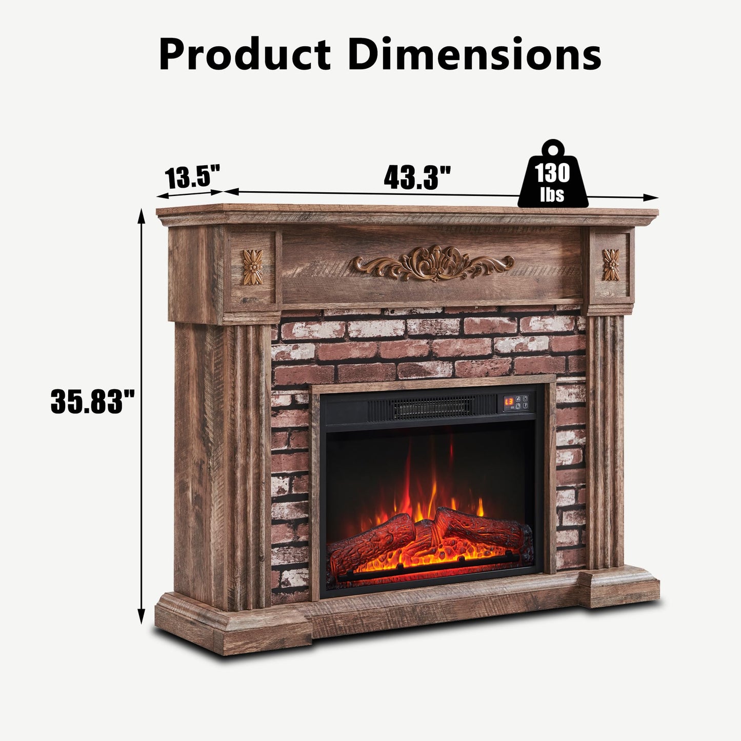 43" Electric Fireplace with Mantel, Electric Fireplace Heater, TV Stand w/Freestanding Electric Fireplaces, Stacked Stone Surround, Remote Control, Adjustable Flame Level for Living Room (Light Brown)