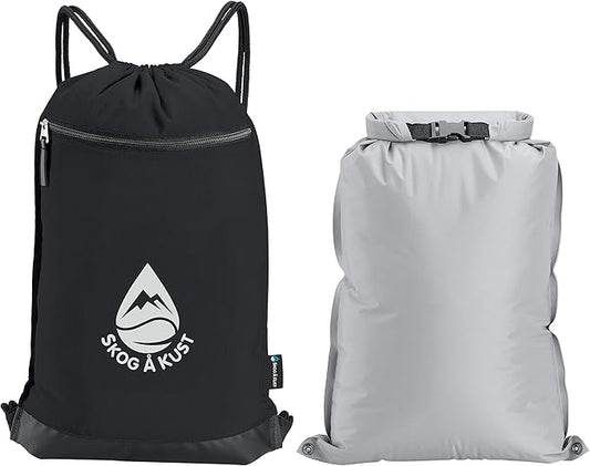 Skog Å Kust GymSak | Patented 2-in-1 Drawstring Cinch Bag with Removable Waterproof Dry Bag | Black & Grey