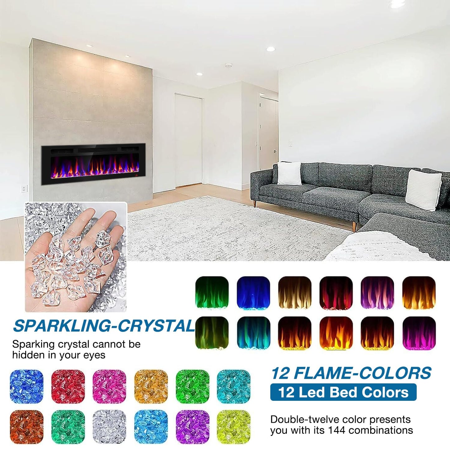 43 Inch Electric Fireplace Recessed and Wall Mounted, Fireplace Heater and Linear Fireplace, Ultra-Thin Electric Fireplace, Low Noise, with Timer, Remote Control, Adjustable 12 Flame Color, 750/1500W