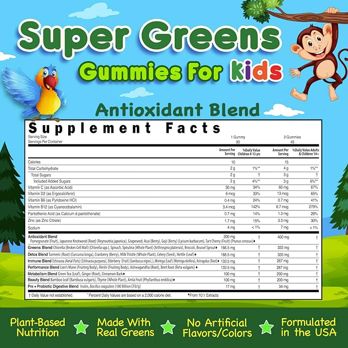 Infusions Super Green Gummies for Kids 90 Count Superfood Booster Soft and Delicious 8 Powerful Blends Vegan Friendly Gluten Free & Non-GMO