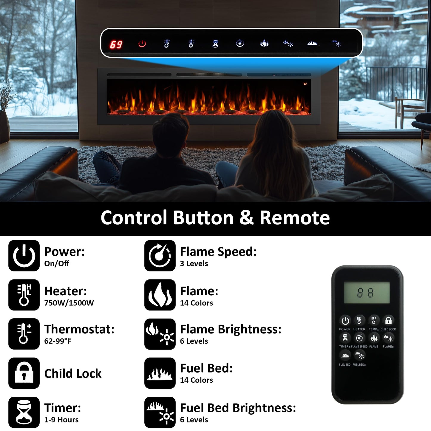 Rodalflame 54" Electric Fireplace Inserts, Adjustable Flame&Speed, Thermostat Heater, Recessed, Wall Mount, Freestanding, Brightness, Child Lock, Timer