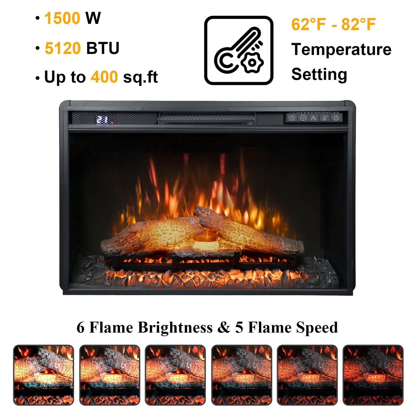 Rodalflame 26" Wide Electric Fireplace Insert, 6 Brightness Level, 5 Flame Speed, 62-82℉, Timer & Remote Control, Indoor Fireplace