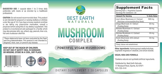 Best Earth Naturals Vegan Mushroom Complex Supplement for Energy, Clarity & Cognitive - Immune Support w/Lion's Mane, Reishi, Chaga, Maitake & Shiitake 30 Day Supply (30 Capsules)