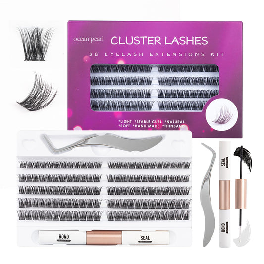 Individual Lashes 120 Cluster Lashes DIY Eyelash Extension Thin Band Wide Stem Lash Clusters with Applicator and Lash Bond and Seal Lash Extension Kit Mix 10-16mm Length C/D Curl - OP01