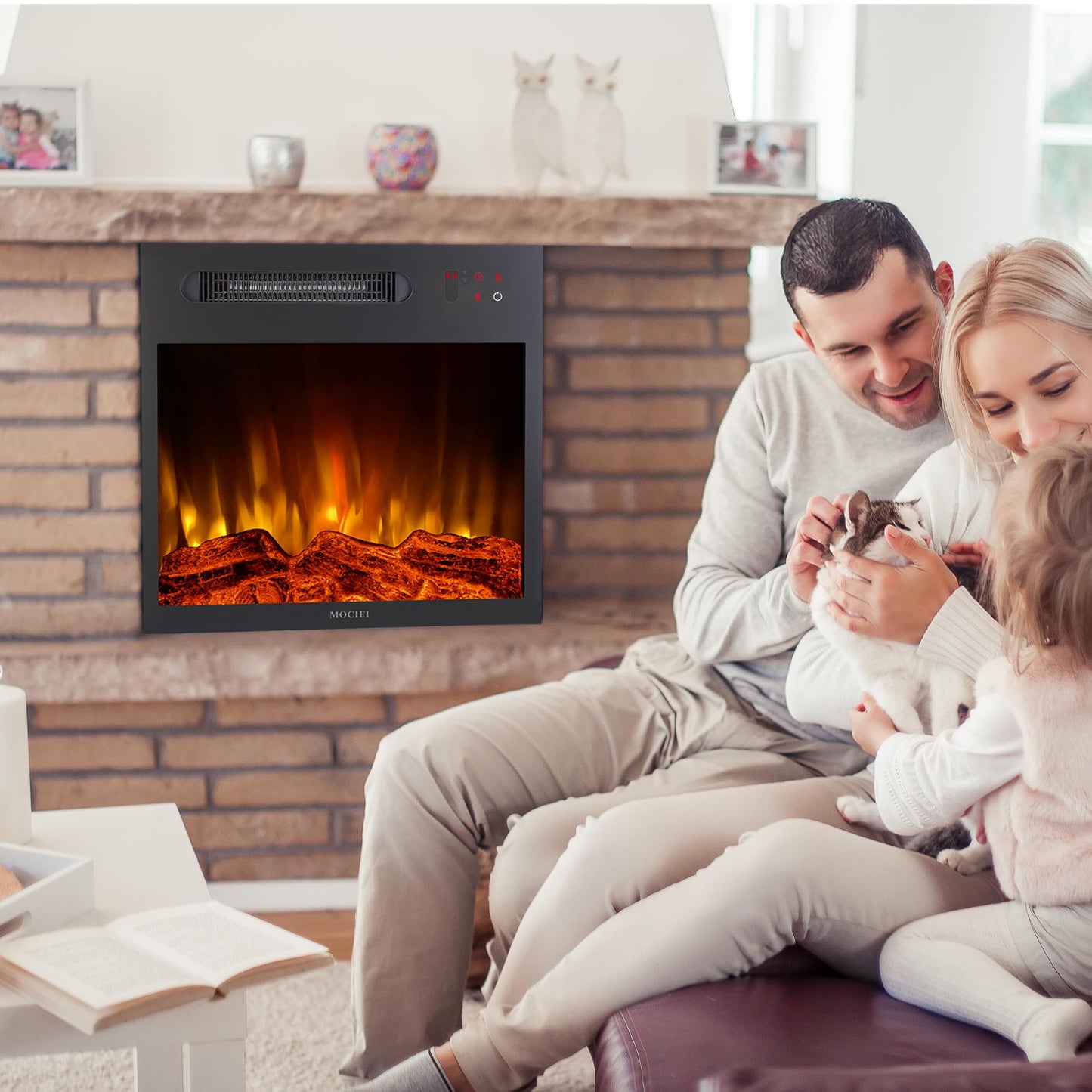 MOCIFI 18 inch Built-in Electric Fireplace Insert Heater, Recessed Freestanding Fireplace, Remote Control, Touch Screen, Adjustable Flame Brightness Speed, Low Noise, 1000W, Black