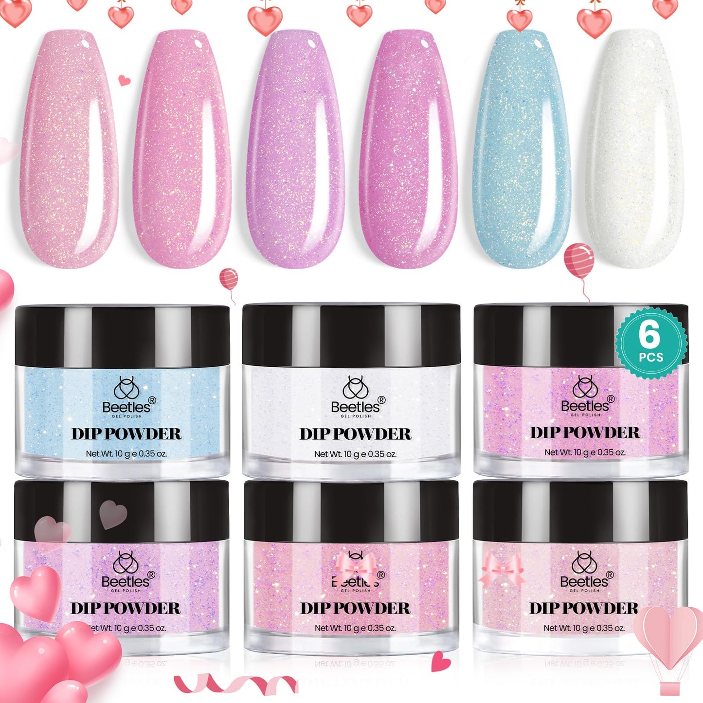 Beetles Dip Powder Nail Kit, 6 Colors Pink White Purple Powder Dipping Set Spring Colors for All Seasons, Blue Pink Glitter DIY Art Manicure No Need Nail Lamp Cured Gifts for Women