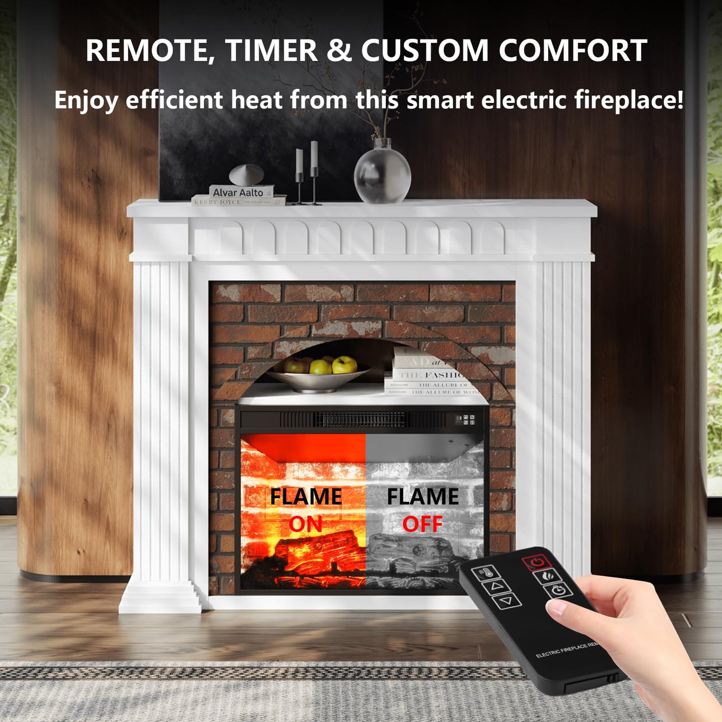 44" Electric Fireplace Mantel, TV Stand with Freestanding Electric Fireplace, Stacked Stone Surround Fireplace Heater with Remote Control, Adjustable 3D Flame Fireplace for Living Room Bedroom