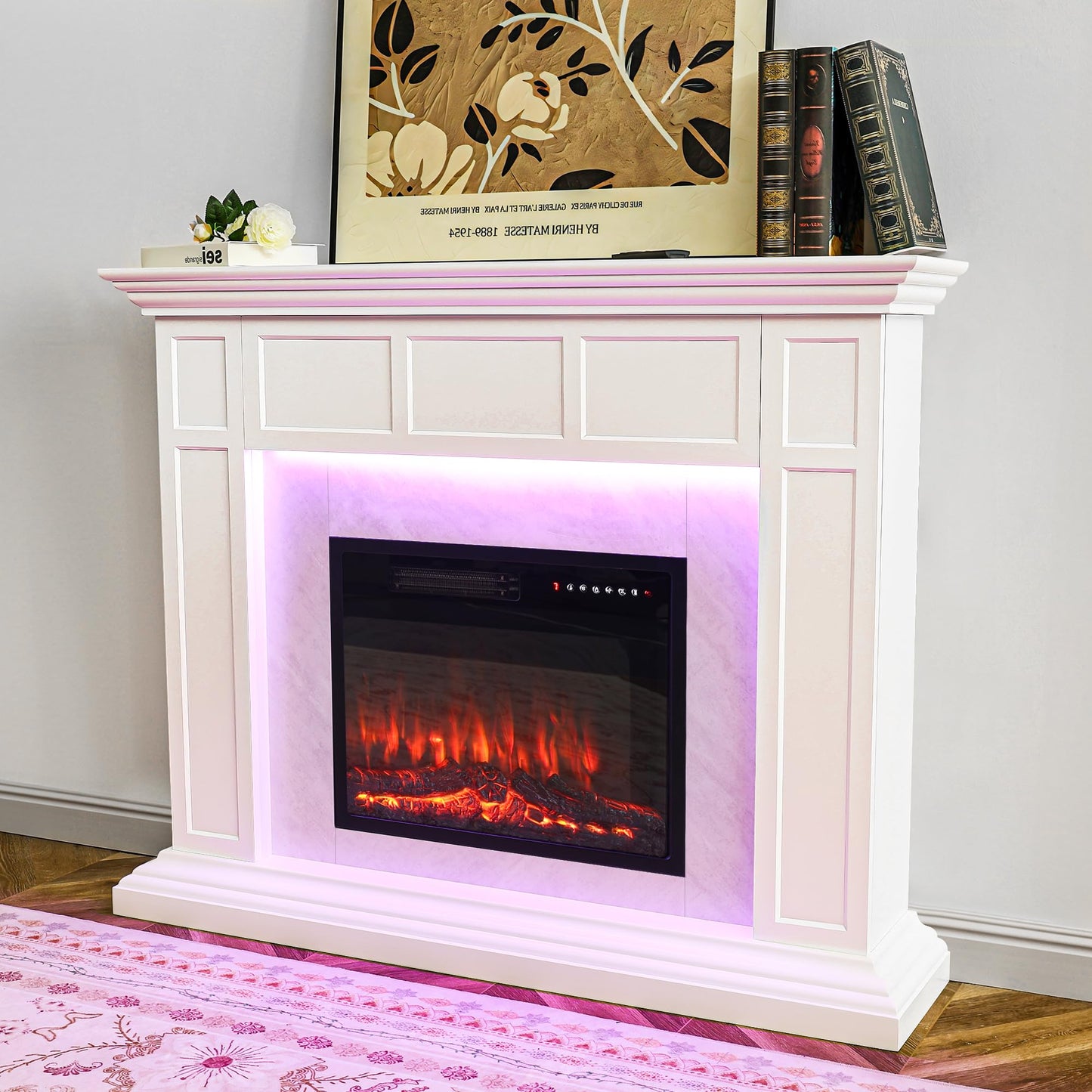 Weyderk 50" Electric Fireplace with Mantel, TV Stand with 23" Freestanding Electric Fireplace, Adjustable Led Flame Remote Control, Beige Gray Marble Finish Fireplace Mantle for Living Room, Bedroom