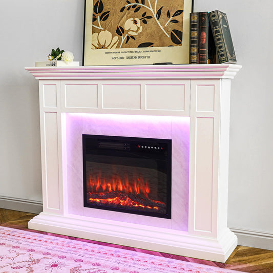 Weyderk 50" Electric Fireplace with Mantel, TV Stand with 23" Freestanding Electric Fireplace, Adjustable Led Flame Remote Control, Beige Gray Marble Finish Fireplace Mantle for Living Room, Bedroom