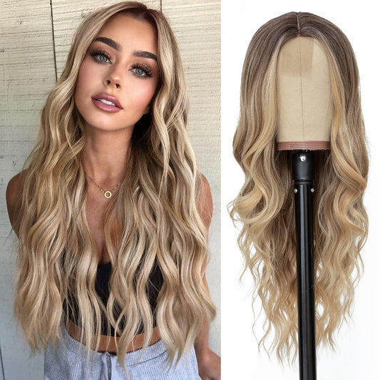 NAYOO Long Ombre Blonde Wavy Wig for Women 26 Inch Middle Part Curly Wavy Wig Natural Looking Synthetic Heat Resistant Fiber for Daily Party Use (Ombre Blonde)