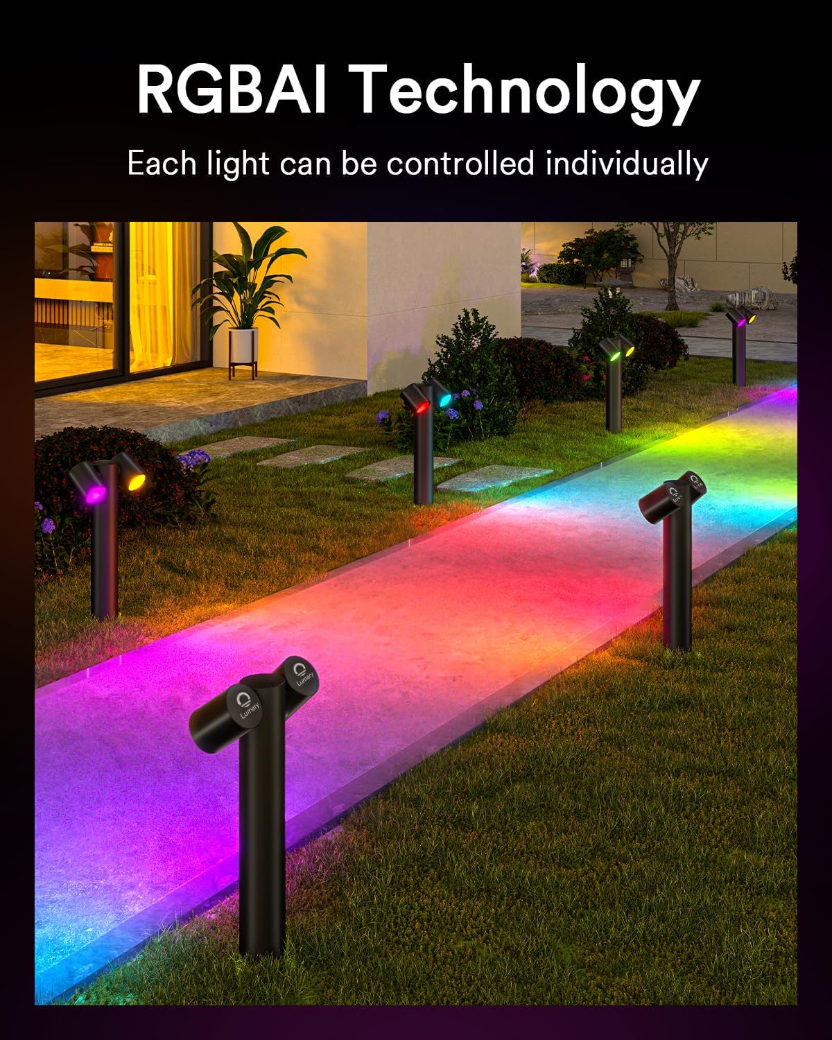 Lumary Smart Pathway Light Pro 700LM, RGBAICW Color Changing Landscape Lights with 8 Adjustable 355° Spot Lights IP65 Waterproof, 48FT Wired Outdoor Landscape Lighting, WiFi APP/Voice/Remote (4 Pack)