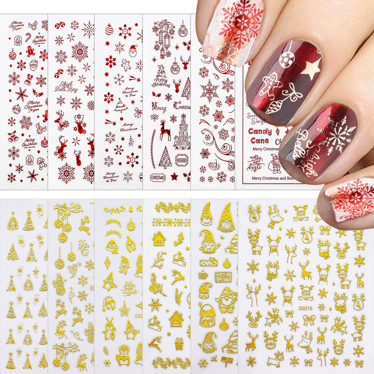12 Sheets Christmas Nail Stickers - Gold Nail Decals with Snowflake, Snowman, Elk, Tree & Santa Claus Designs - 3D Self-Adhesive Holiday Xmas Nail Art Decals for Manicure Decorations