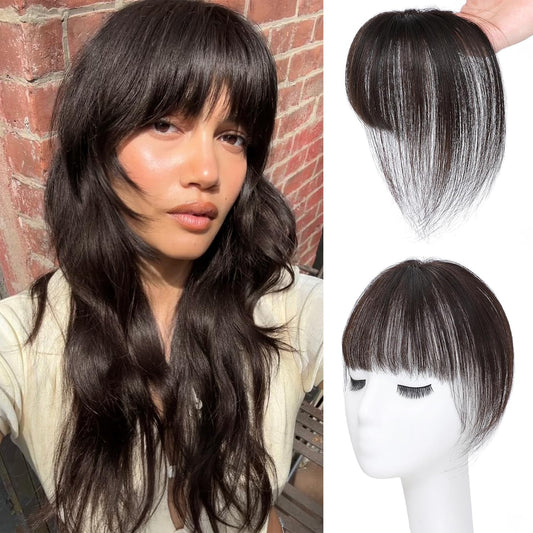 NAYOO Clip in Bangs-Brown Black Human Hair 360° Cover Wipsy Bangs Hair for Women, 2 Secure Clips in Full Fringe Hair Toppers for Women Girls Daily Wear (Brown Black)