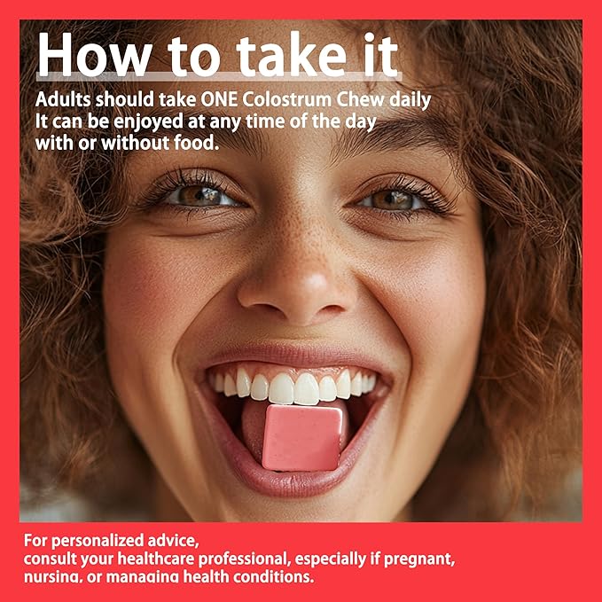 Bovine Colostrum Chews Supplement with probiotics for Gut Health, Bloating, Immune Support, Skin, Hair Growth and Beauty - Strawberry Flavor (60 Servings)