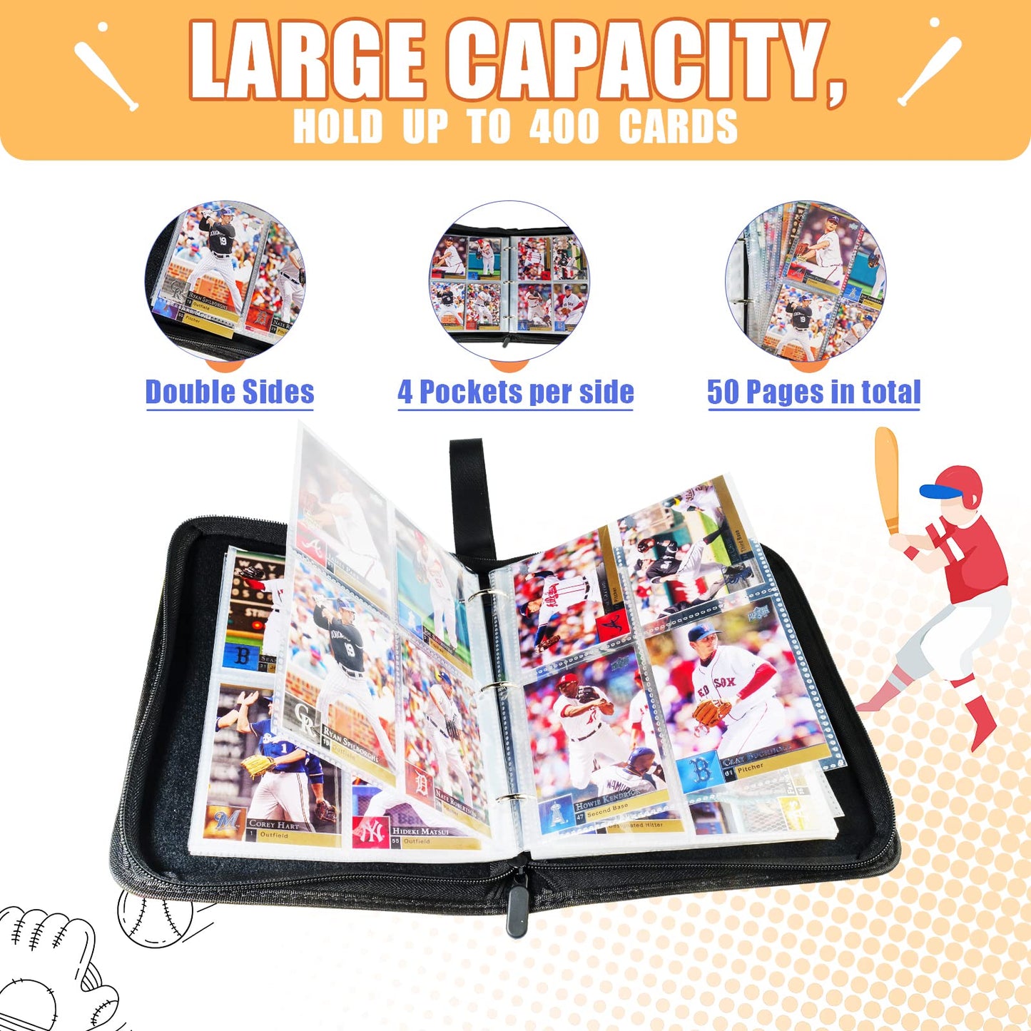 Card Binder 400 Pockets, Trading Card Binder with Sleeves, Baseball Card Binder, Trading Card Albums Sports Card Binder Collectible Fits 400 Cards with 50 Removable Sleeves