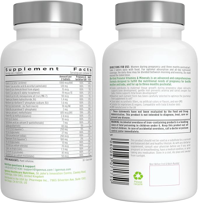 Igennus Methylated Prenatal Multivitamin for Women, Folate for MTHFR, High Absorption, Clean Label, Gentle Iron, Choline, Calcium & Magnesium, Vegan Pregnancy Vitamins, Halal, Non-GMO, 60 Tablets x6