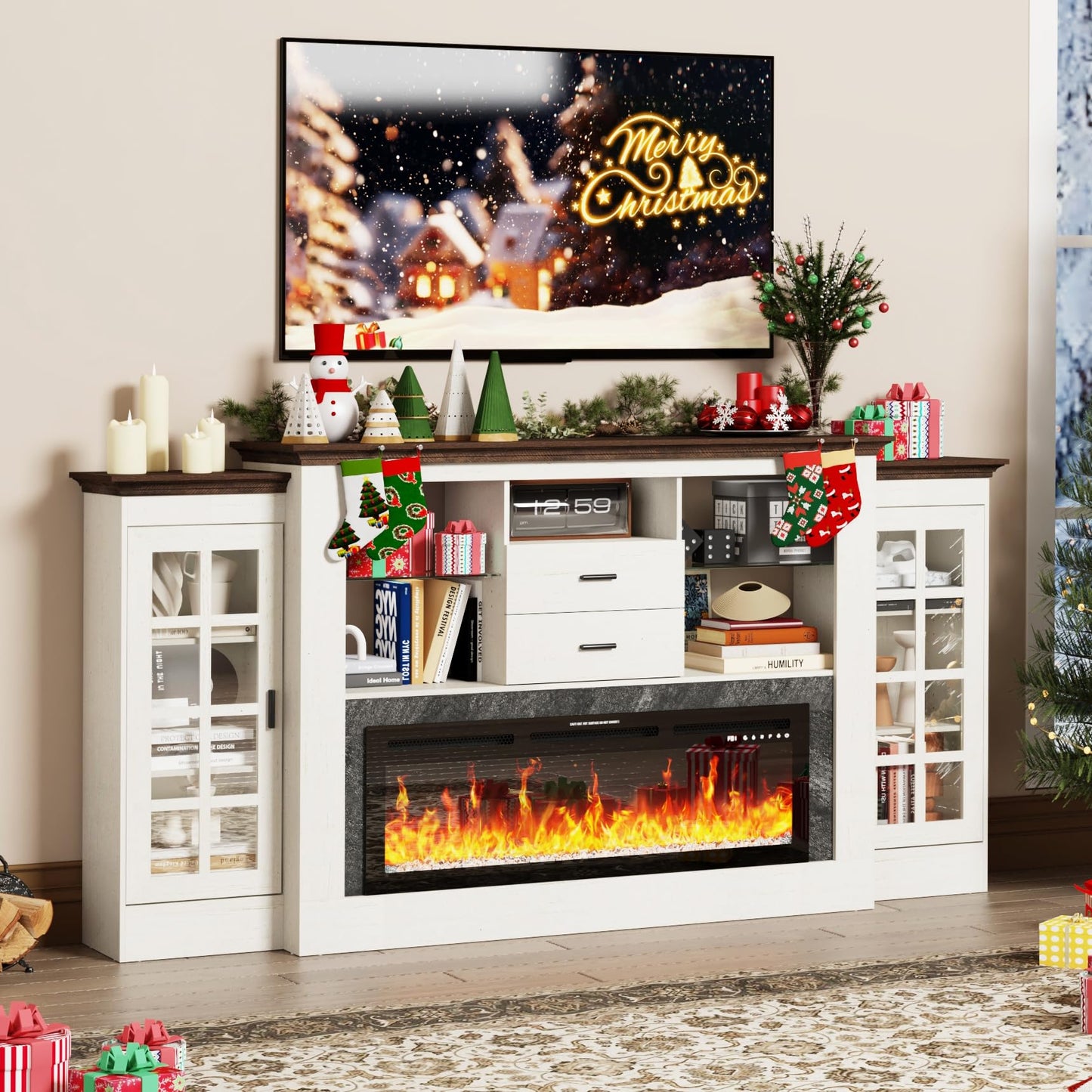 85" Electric Fireplace with Mantel, Fireplace TV Stand w/42 Electric Fireplace for 65 Inch TVs with Power Outlets, Farmhouse Entertainment Center with Storage for Living Room, Bedroom, Antique White