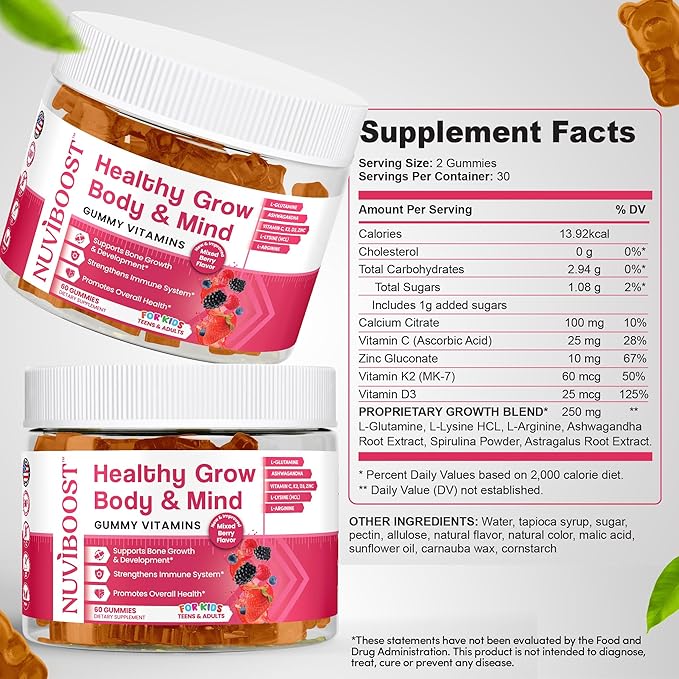 Healthy Grow Height Growth Gummies Rich in Calcium, Vitamins C, D3, K2, L-Arginine, Ashwagandha, and Others, Boost Bone Health & Immunity, Multivitamin, for Kids 5+, Teens and Adults.