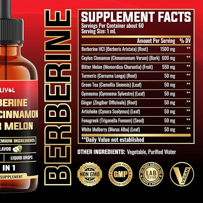 10in1 Liquid Drops Berberine with Ceylon Cinnamon Bitter Melon Turmeric Ginger Gymnema Sylvestre and More - 2 Fl Oz
