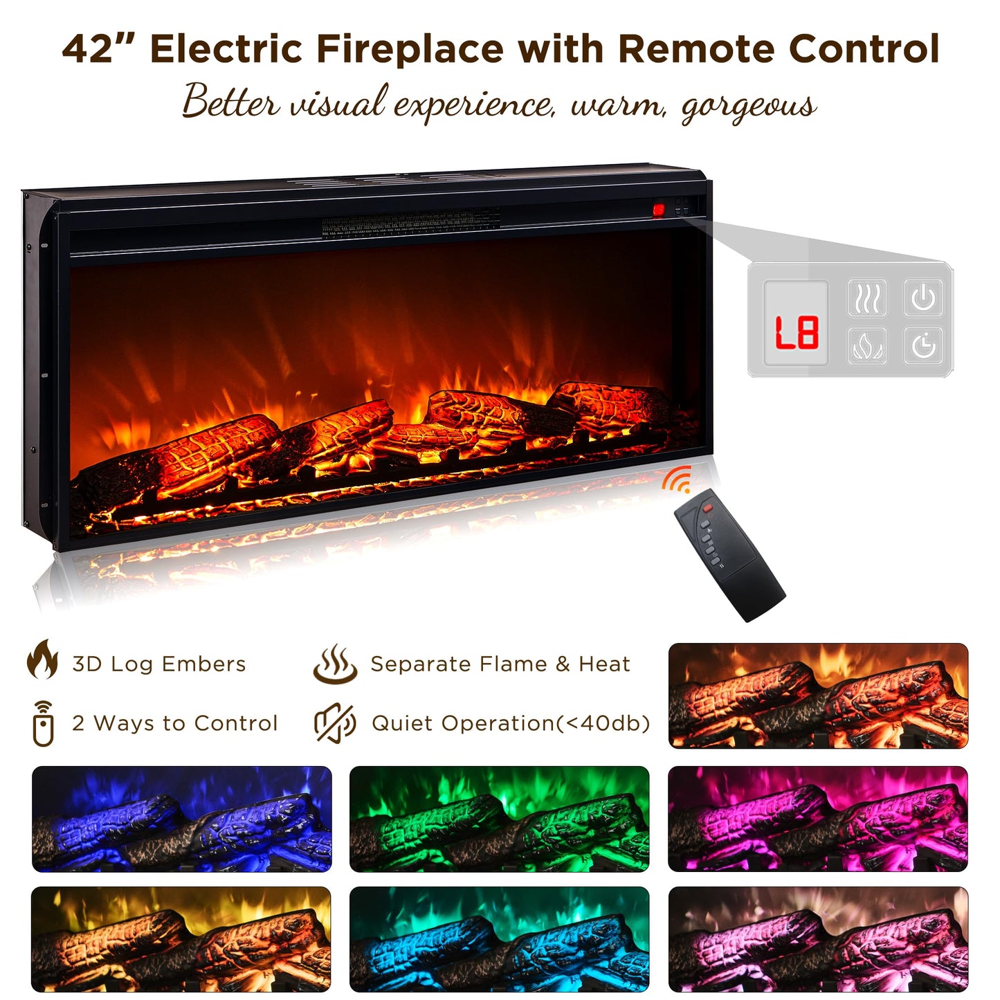 OKD Farmhouse Entertainment Center with Fireplace, 70" TV Stand with 42" Electric Fireplace, TV Cabinet for up-to-80 TV with Glass Doors & Drawers for Living Room, Antique Brush White