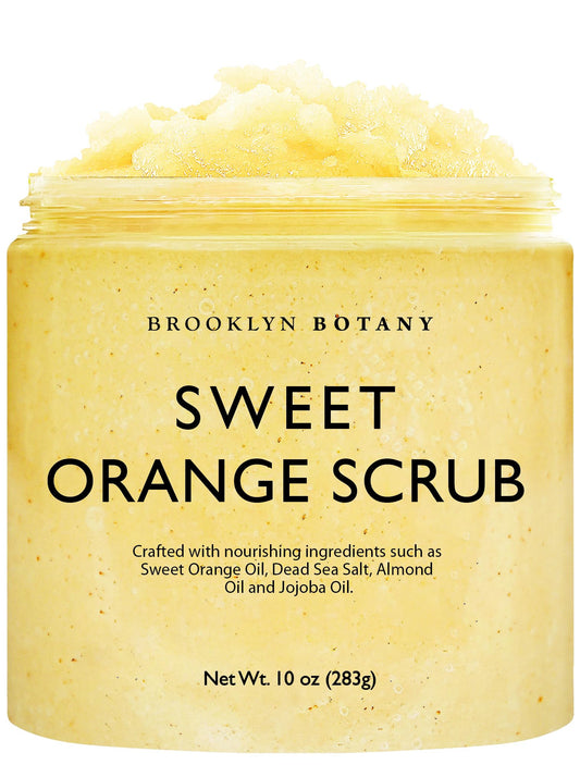 Brooklyn Botany Dead Sea Salt and Sweet Orange Body Scrub - Moisturizing and Exfoliating Body, Face, Hand, Foot Scrub - Fights Stretch Marks, Fine Lines, Wrinkles - Great Gifts for Women & Men - 10 oz