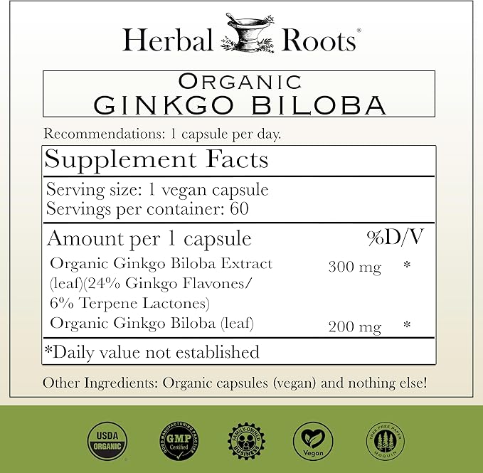 Herbal Roots Organic Ginkgo Biloba Made with Pure Organic Ginkgo Leaf and Extract - 60 Vegan Capsules