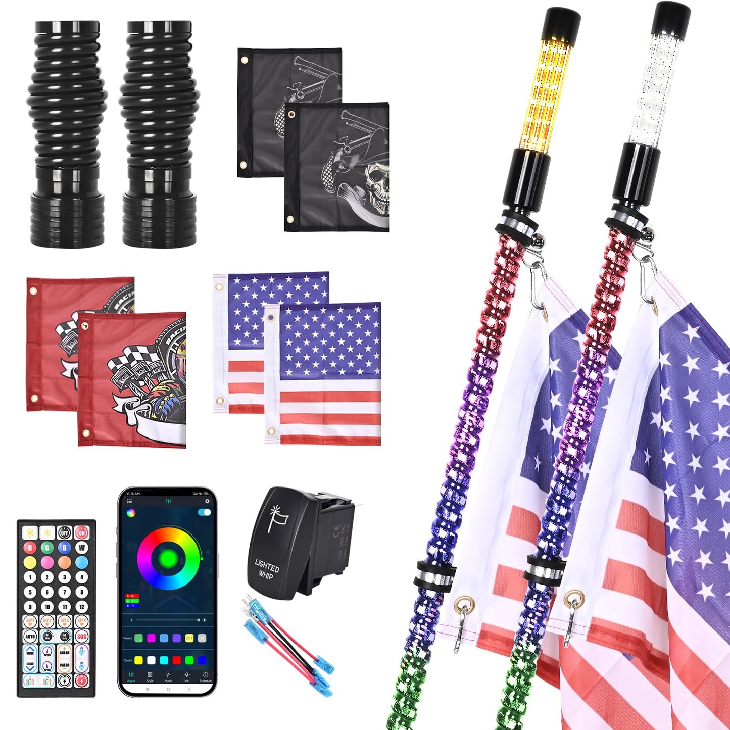 2PCS 3FT LED Whip Light and Blare Flash Light Kit with Spring Base, Spiral RGB Chase and Music Lights Whips with Rocker Switch, App & Remote Control, for UTV ATV RZR SXS Can-Am Polaris