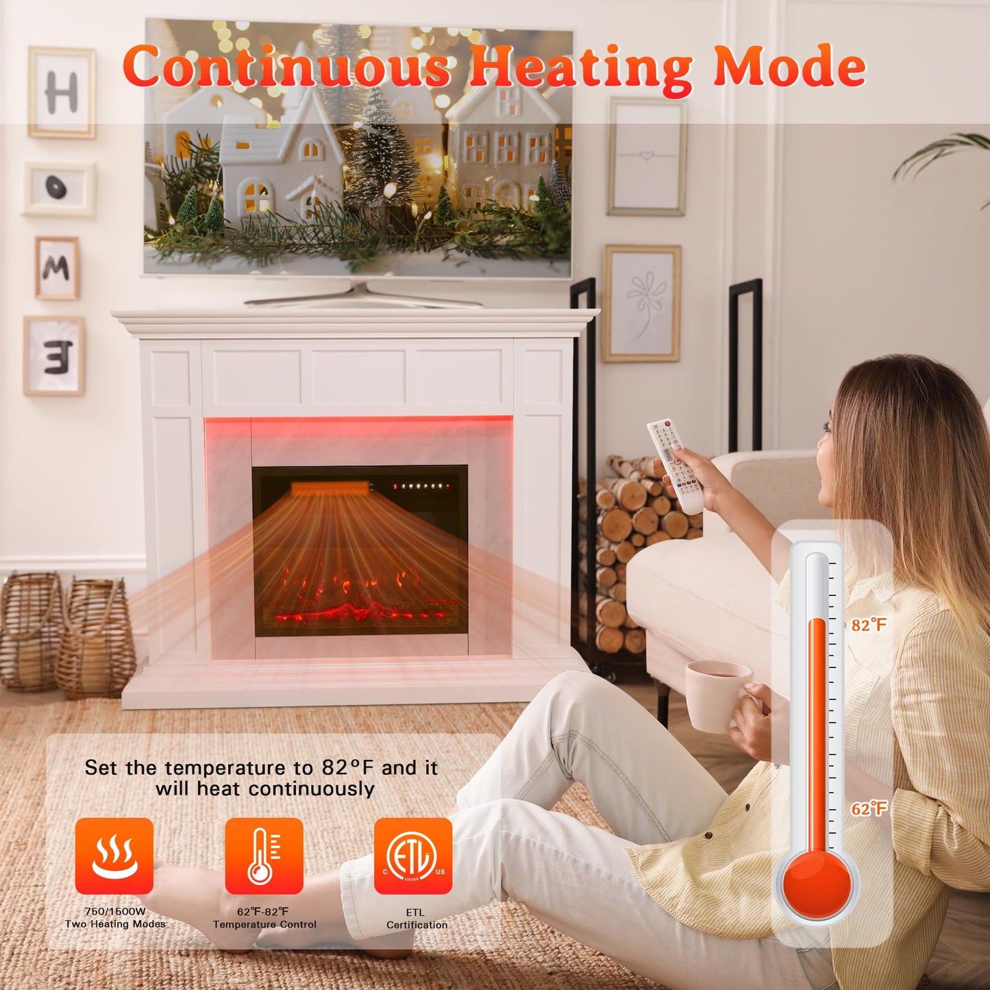 Weyderk 50" Electric Fireplace with Mantel, TV Stand with 23" Freestanding Electric Fireplace, Adjustable Led Flame Remote Control, Beige Gray Marble Finish Fireplace Mantle for Living Room, Bedroom